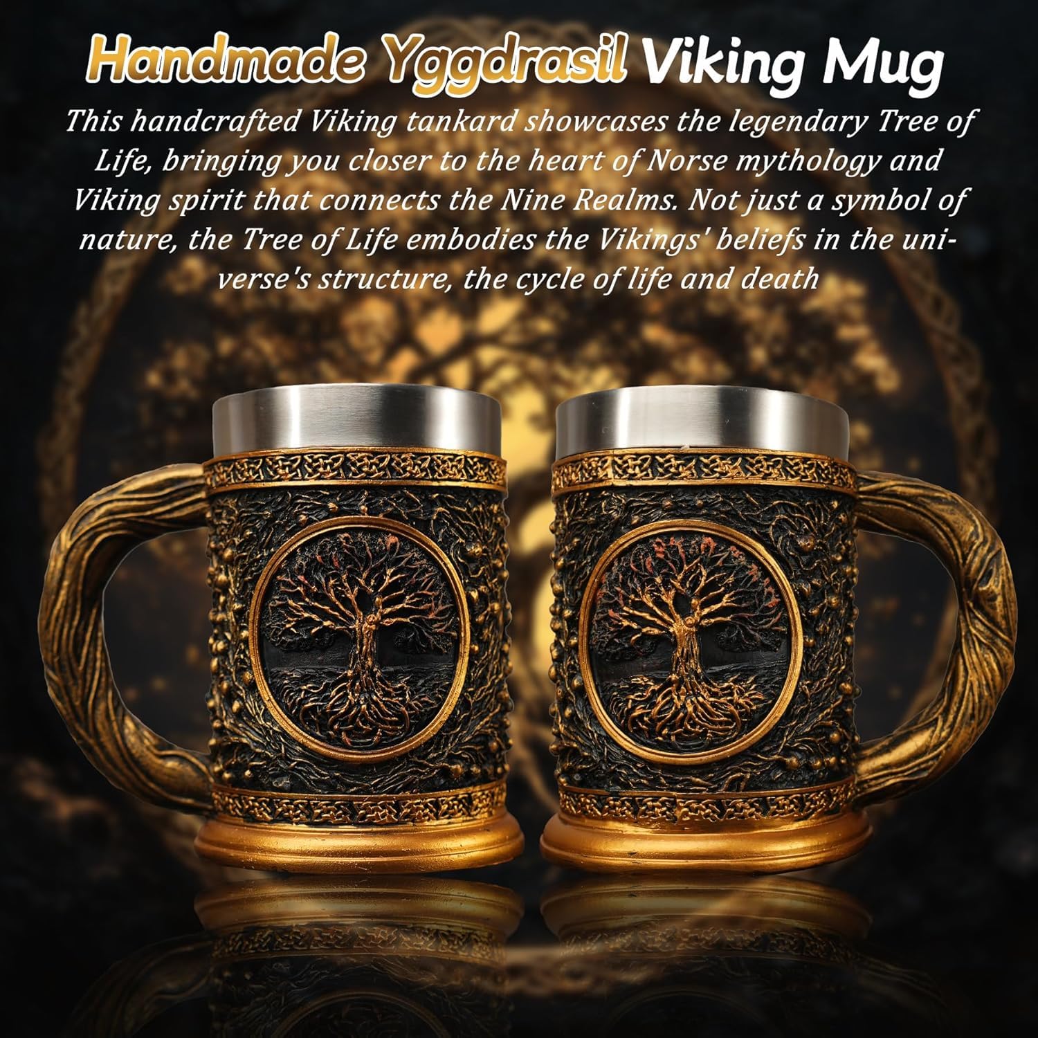 Original Handmade Viking Mug - 20oz Yggdrasil Tree of Life Beer Tankard - Stainless Steel Medieval Celtic Pirate Heavy Cup - Norse Mythology Decor Gifts for Men Women
