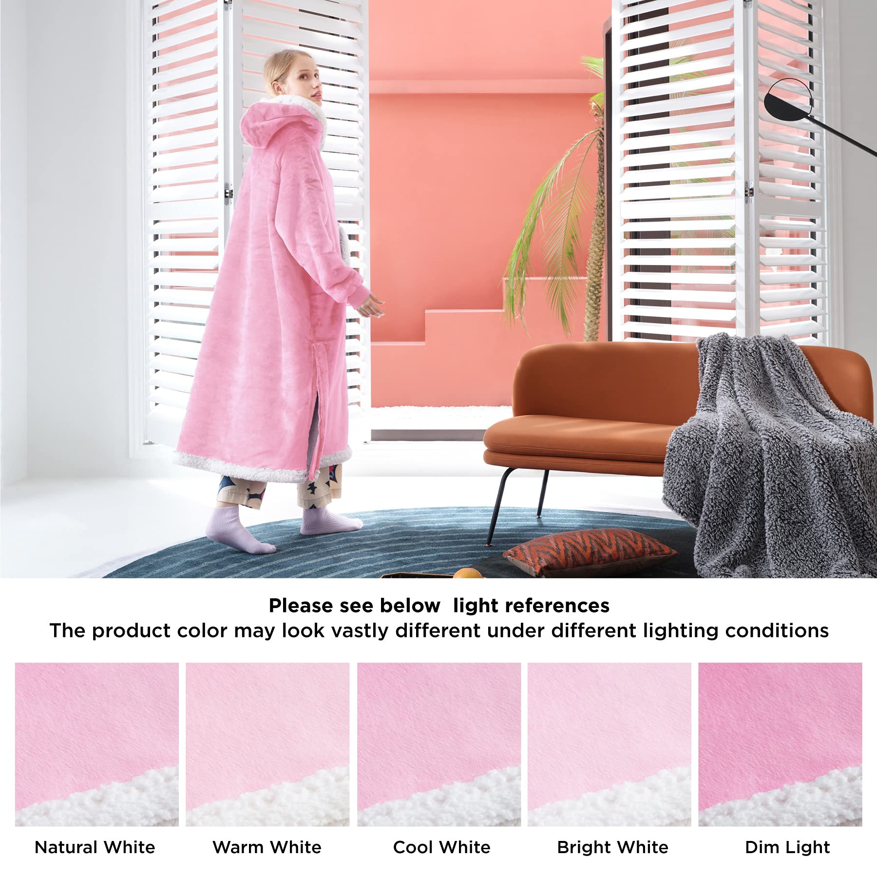 Bedsure Oversized Blanket Hoodie - Long-length Wearable Hooded Blanket Sweatshirt with Side Split, Belt and Big Hood, Giant Warm Sherpa Sweater Blanket Jacket, Pink