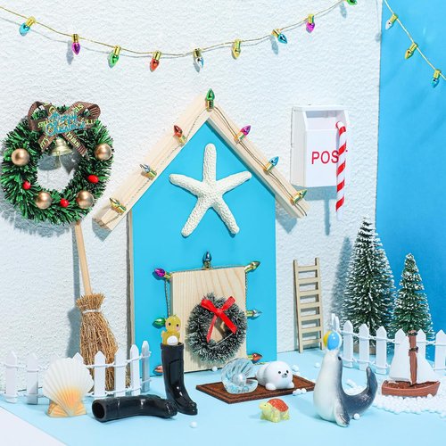 Gerrii 22 Pcs Blue Christmas Fairy Door Kit - Miniature Wooden Decor for Dollhouses & Kids' Rooms