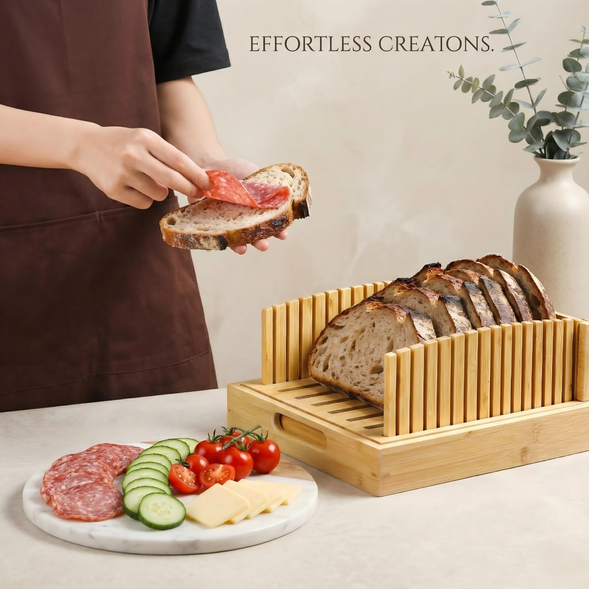 10.5" Bamboo Bread Slicer for Homemade Bread - Sourdough Slicing Guide with Crumb Catcher & Stable Mortise-Tenon Structure - Baking Gifts for Valentine's Day