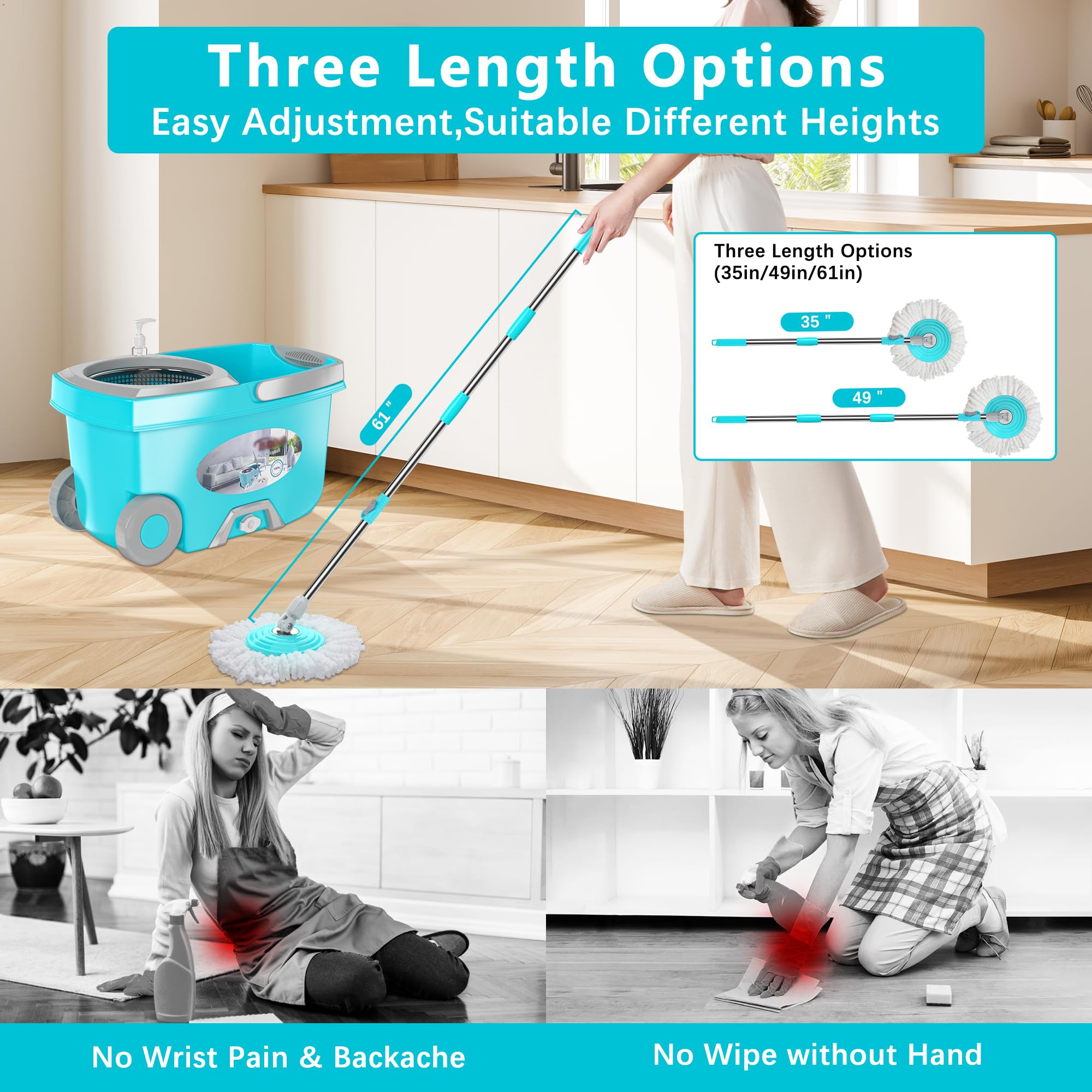 FunClean Spin Mop and Bucket for Home Cleaning, 360° Rotating Floor Mop with Wringer, Adjustable 61" Handle for Back Pain Relief, 6 Microfiber Replacement Heads, 2 Easy-Move Wheels - Blue