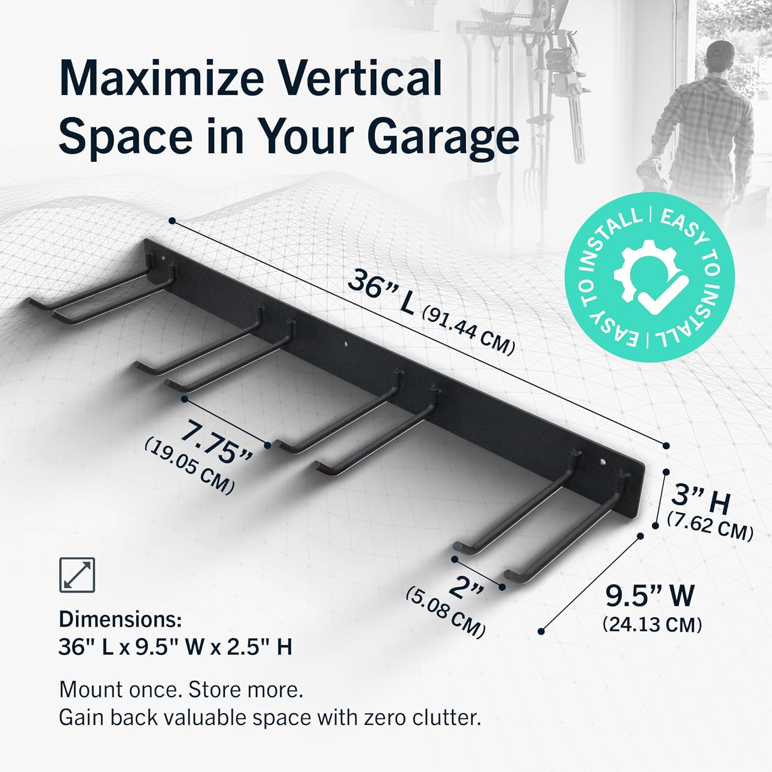 StoreYourBoard 36" Garage Tool Organizer Wall Mount - Heavy Duty Garden Tool Storage Rack | Holds 250lbs with 4 PVC Coated Hooks
