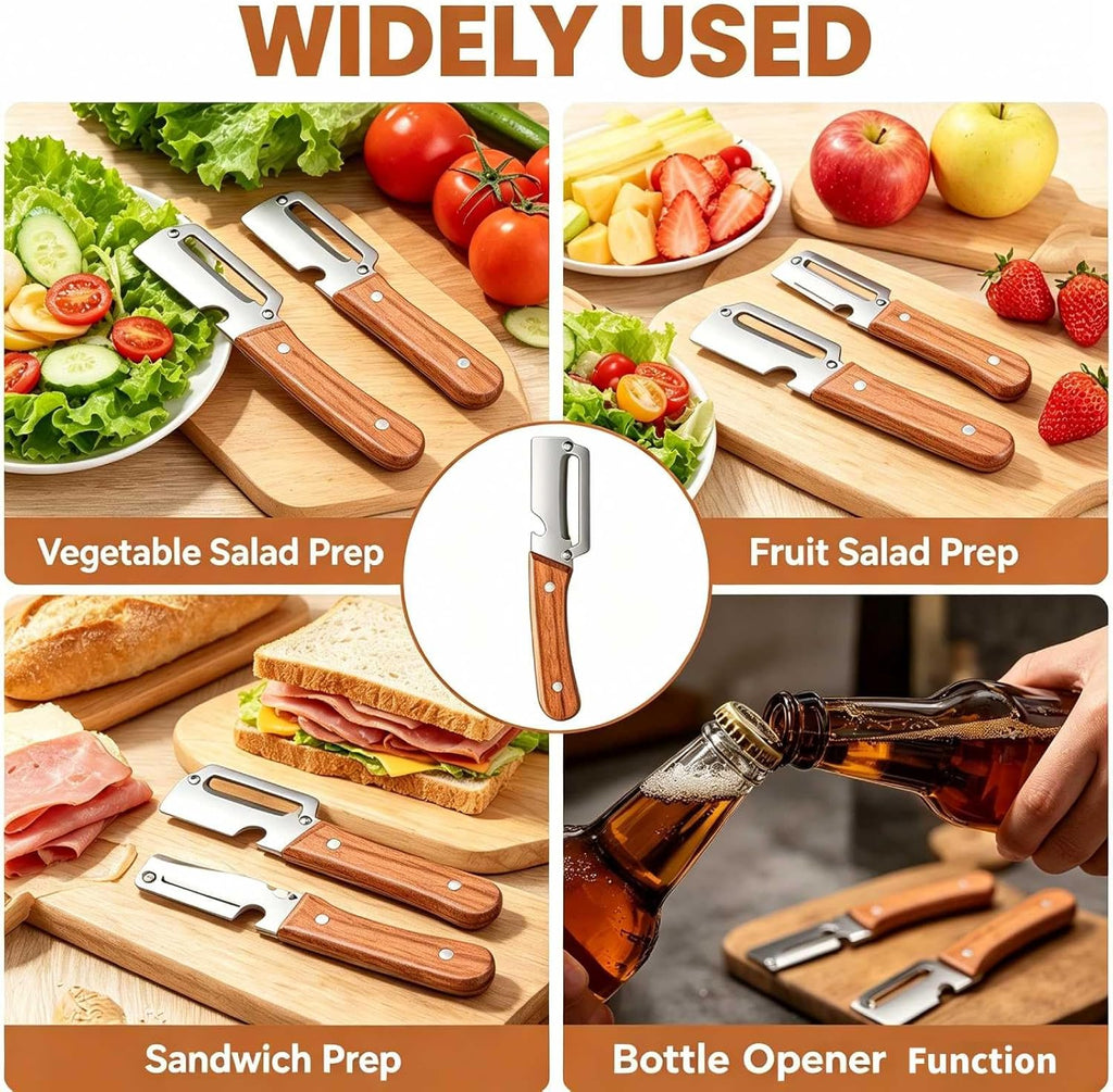 Skiennix 2-in-1 Vegetable Peeler - Multi-Functional Stainless Steel Blade with Wooden Handle | 4-Piece Set