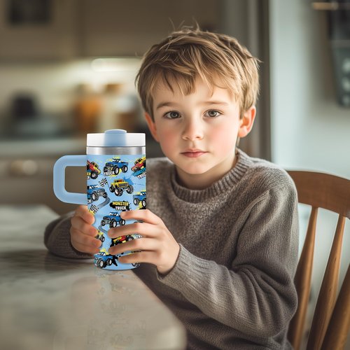 14 oz Monster Truck Tumbler with Handle and Straw for Kids, Insulated Stainless Steel Travel Mug for Boys, Double Wall Vacuum Reusable Cup, Birthday Gifts for Boys
