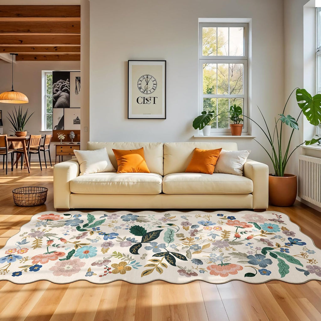 Regine Switzerland Washable 4x12 Wide Area Rug - Soft Floral Scalloped Design | Water-Resistant Non-Slip Runner for Entryway, Kitchen, Dining Room