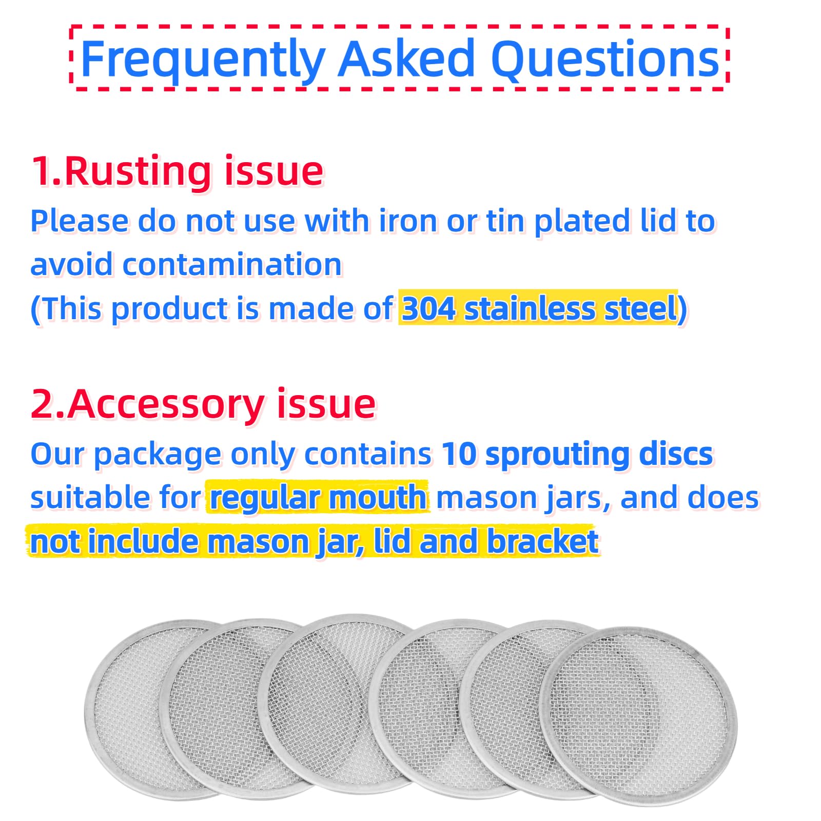 QSYZAIL 10 Pcs Sprouting Lids for Mason Jar 2.75 Inch Regular Mouth 304 Stainless Steel Screen Filter Strainer Lid