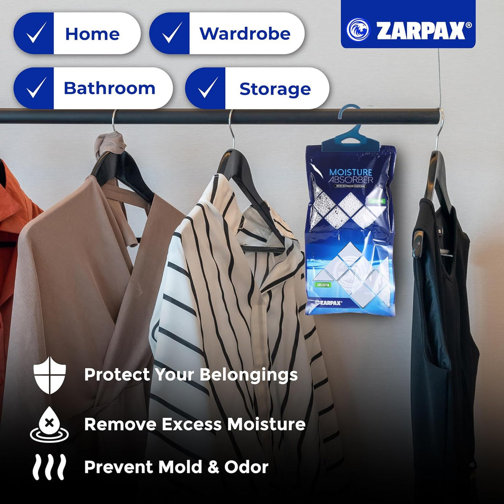 ZARPAX Activated Charcoal Moisture Absorber - 10.6 oz | Portable Dehumidifier Bags for Bathroom, Closet & Kitchen | Eliminates Humidity & Odors | Set of 10