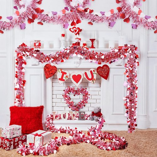 Craftsatin 52ft St Patricks Day Decorations Irish Tinsel Garland Red Pink Heart Gold Green Shamrock Tinsel Garland for Home Indoor Outdoor Wedding Hanging Valentines Irish Holiday Party Decor