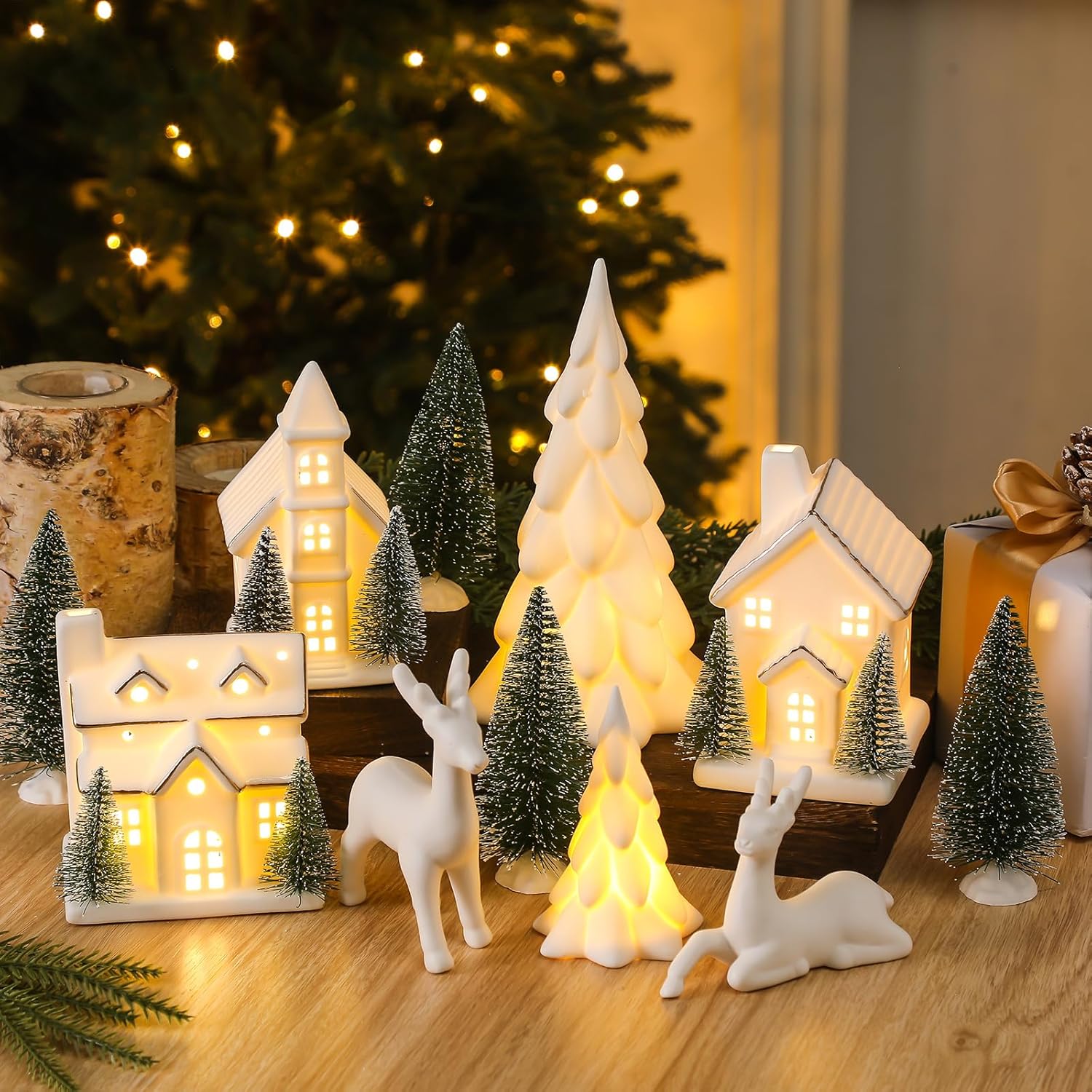 Regine Switzerland 12-Pc Ceramic Christmas Village Set - White Houses, LED Trees & Reindeer Decor