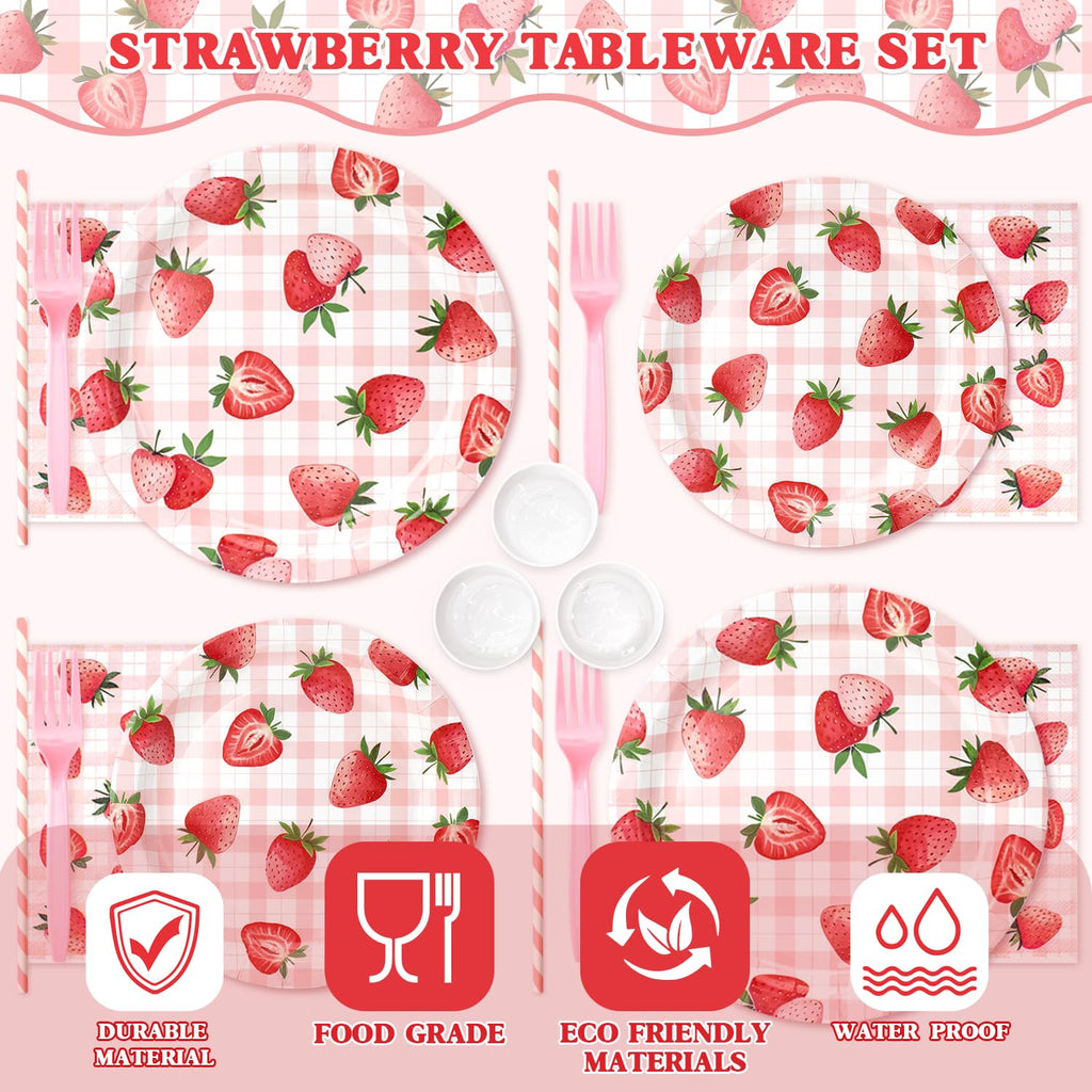 144 Pcs Strawberry Plates and Napkins Tableware Set, Plates Napkins Cups Straws and Forks Sets, Strawberry Party Birthday Supplies, Shortcake Birthday Decorations, Serves 24 Guests
