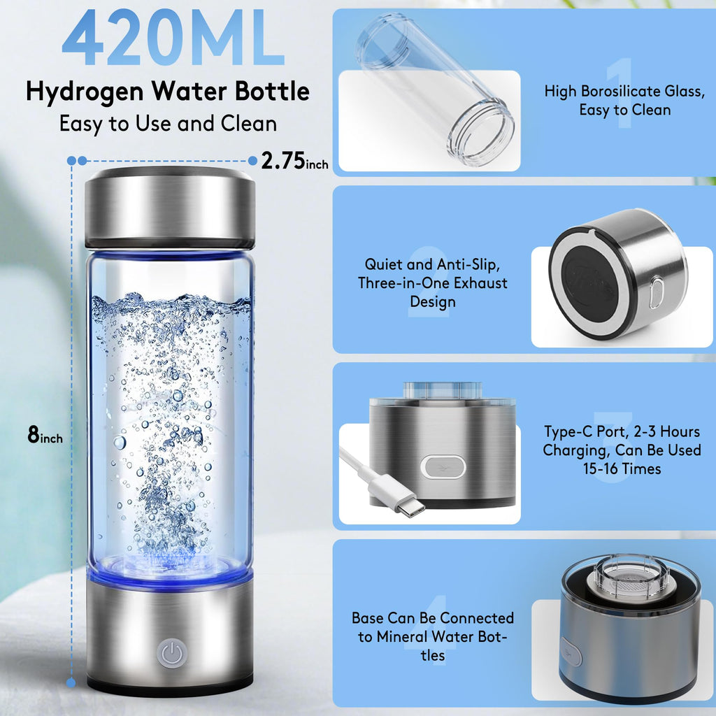 Hydrogen Water Bottle, 2800PPB in 3Min, SPE PEM Tech, Portable 16OZ, Rechargeable Hydrogen Water Bottle for Travel, Home, Office – Gift for Family & Friends (XR-15)