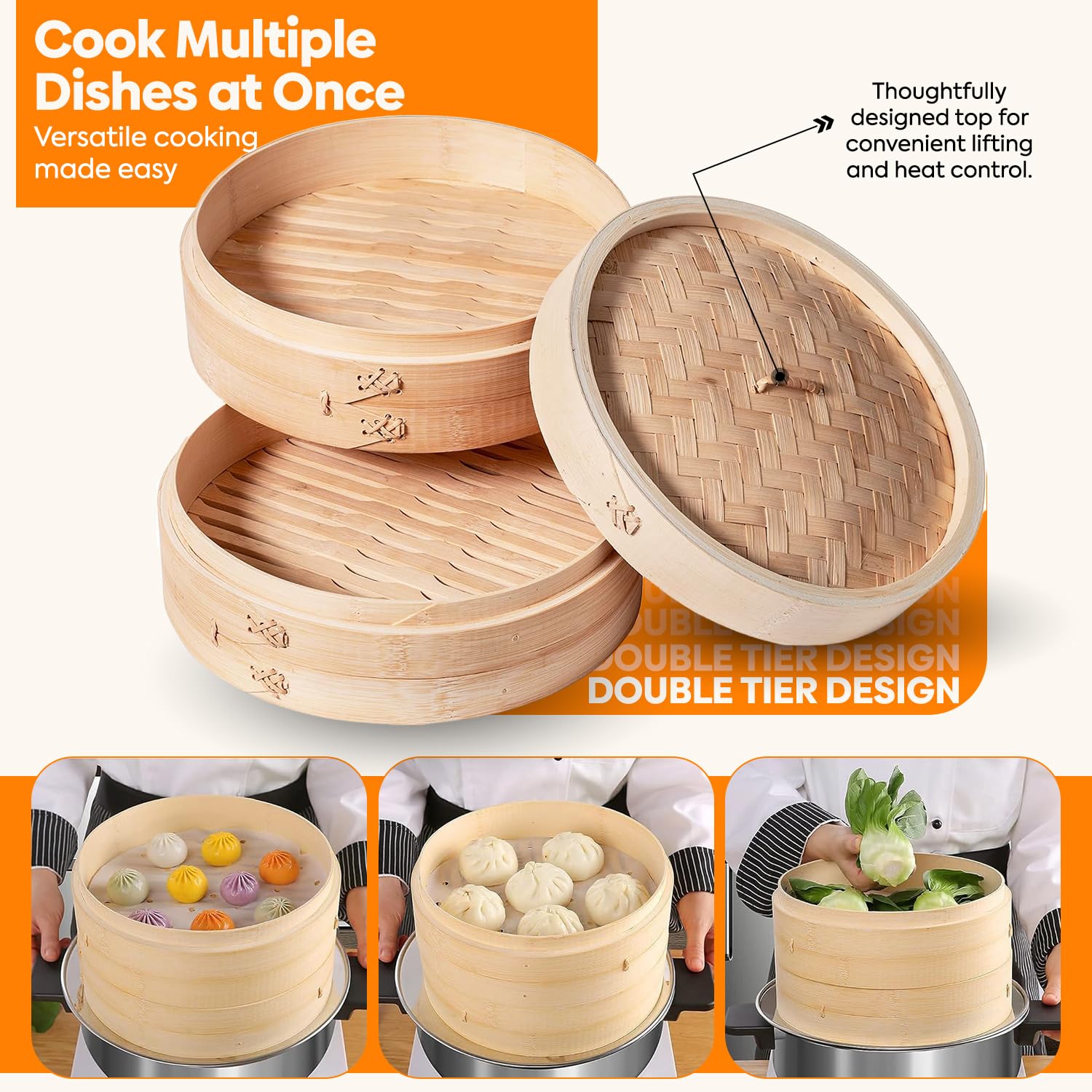 10-Inch Bamboo Steamer Basket, 2-Tier Natural Bamboo Steamer with Lid & Liners – Traditional Dim Sum, Dumplings, Bao Buns, Vegetables & Healthy Asian Cooking