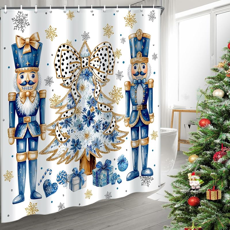 Nutcracker Christmas Shower Curtain Set 4 Pcs with Non-Slip Rugs & Lid Cover - Blue & Gold Snowflake Design (Variation: Blue Nutcracker+72W x 72L)