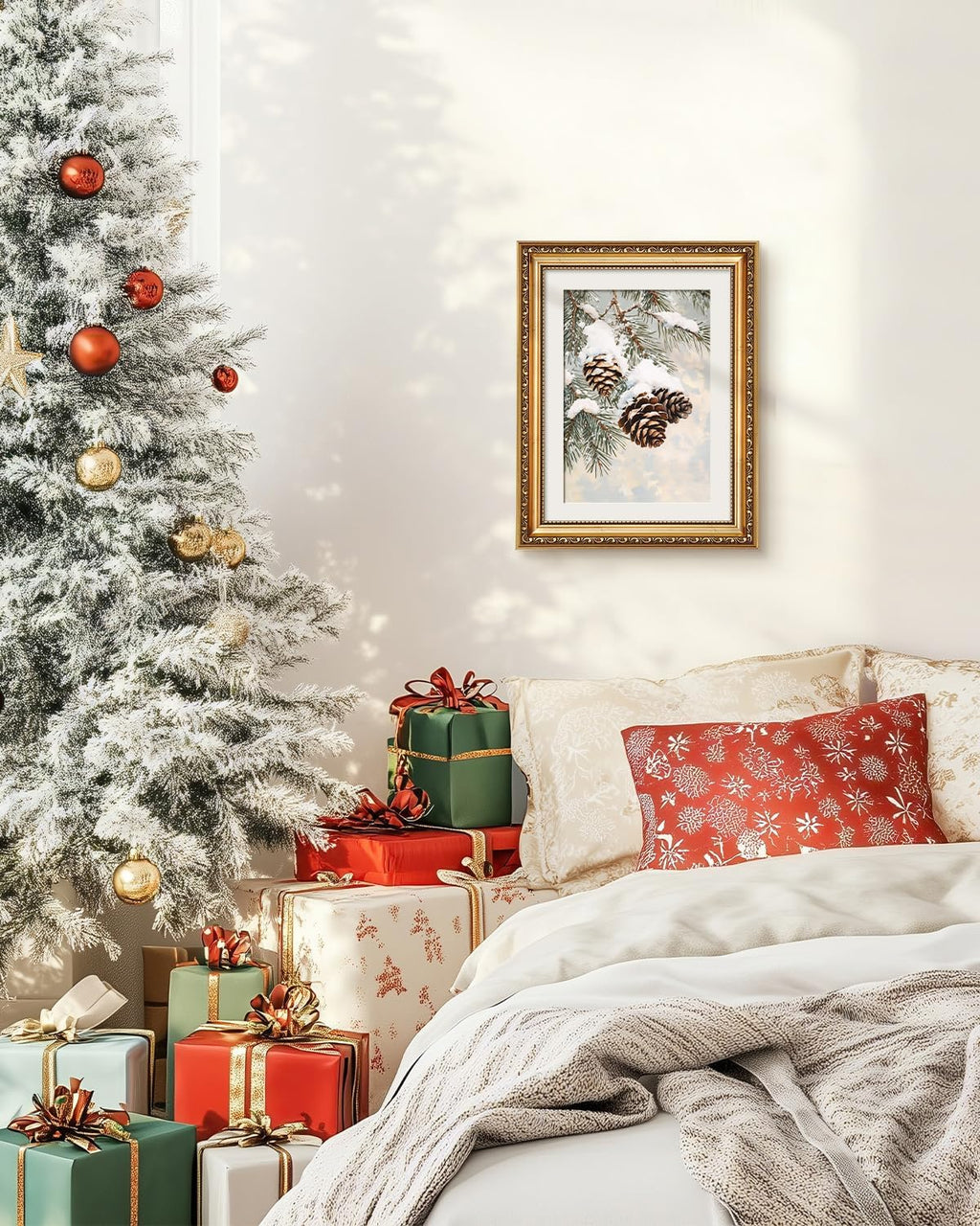 VIYYIEA Gold Framed Christmas Wall Art - Rustic Pinecone & Pine Tree Canvas Print | 11x14in Holiday Decor