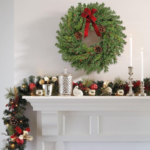 Real Touch Pine Christmas Wreath 24 Inch Christmas Wreaths for Front Door Winter Wreath Artificial Green Wreaths Outdoor Christmas Decorations Indoor Outside Window Home Holiday Thanksgiving