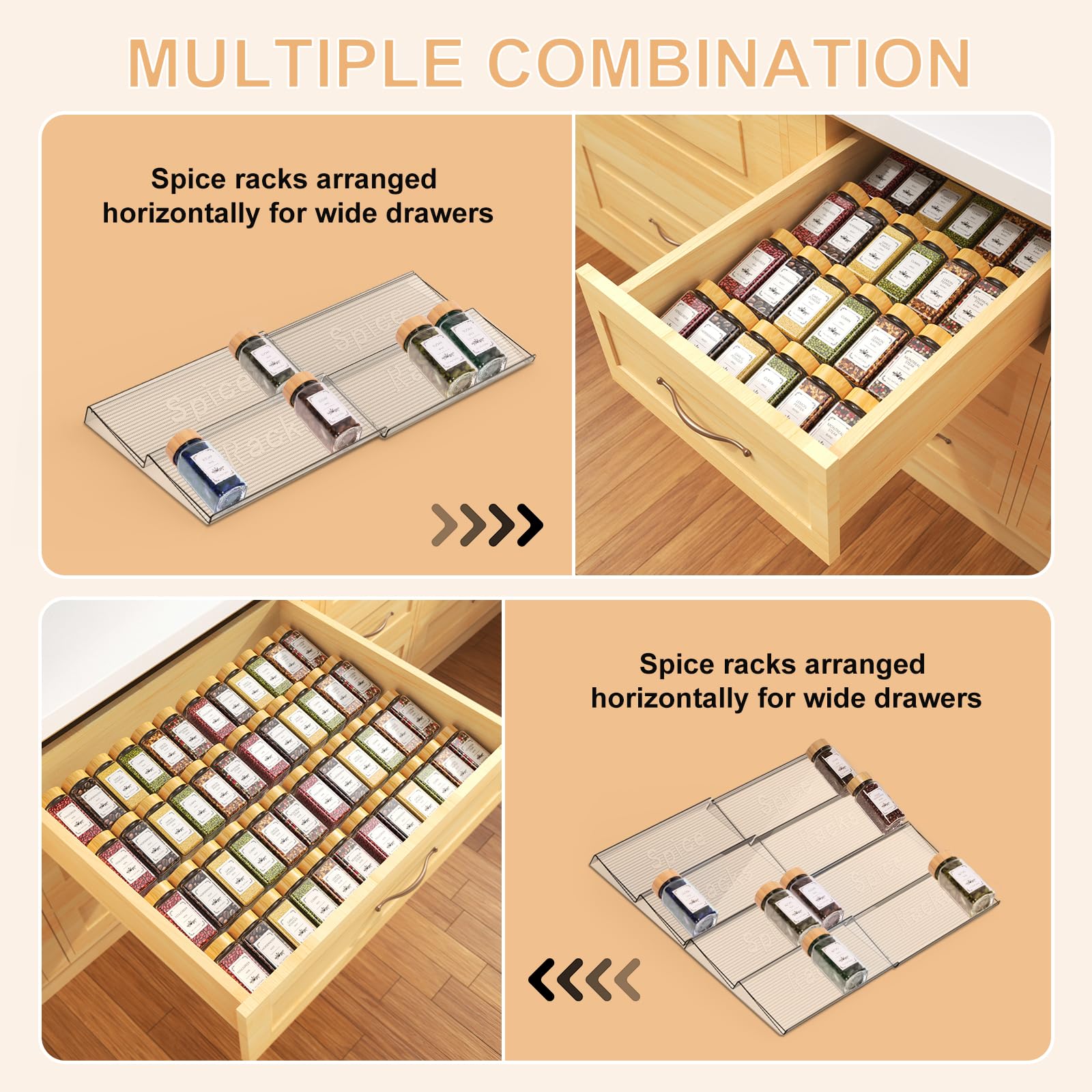 24 Spice Jars with Spice Drawer Organizer, 355 Spice Labels, 2 Pack Expandable From 11'' to 21'' Acrylic Spice Rack for Drawer, Seasoning Containers Storage Organization for Kitchen Cabinet Countertop