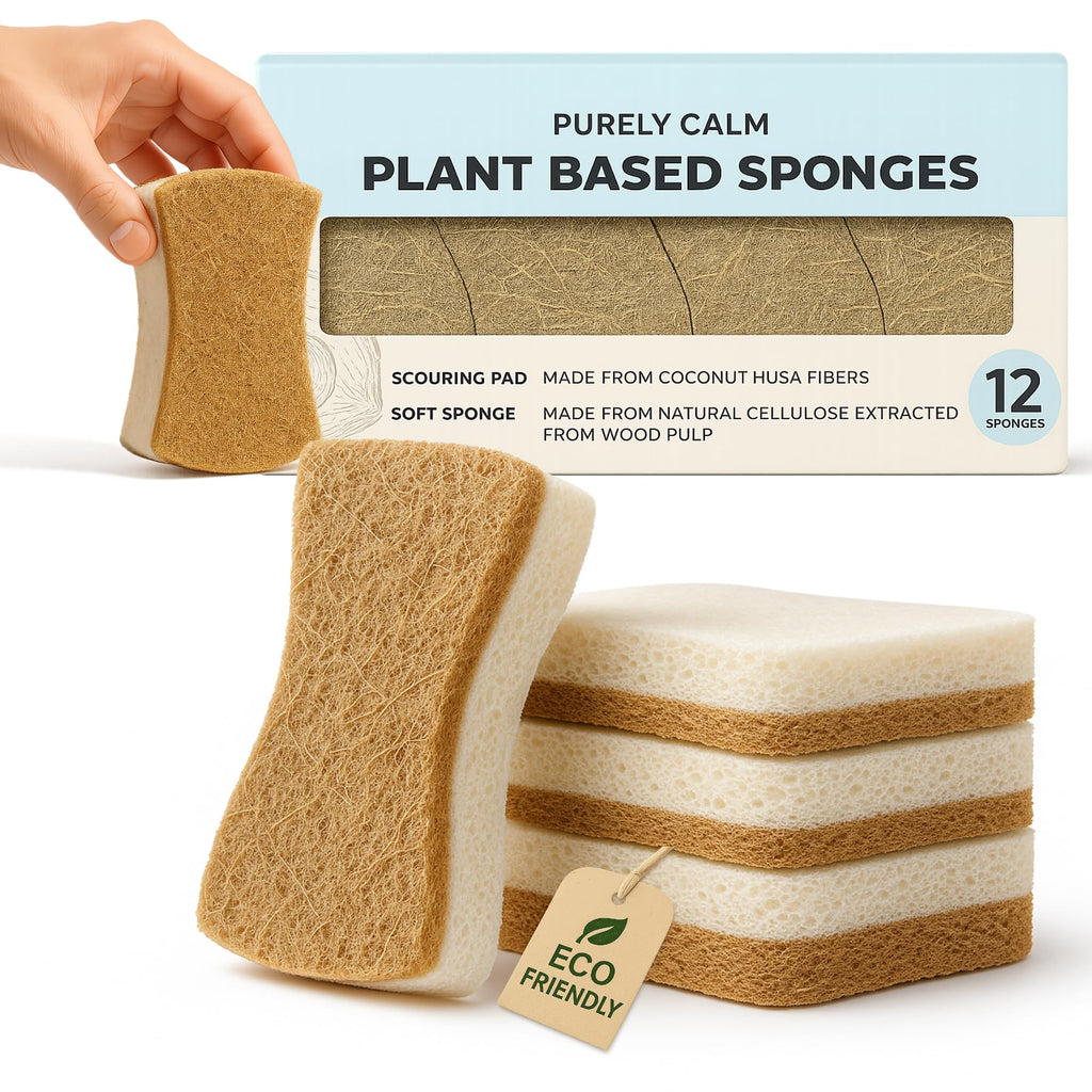 Purely Calm Plant Based Natural Sponge - Pack of 12 Cellulose Sponges, Safe on Non-Stick Cookware, Dual Sided Dish Sponge for Washing Dishes, Kitchen and Household