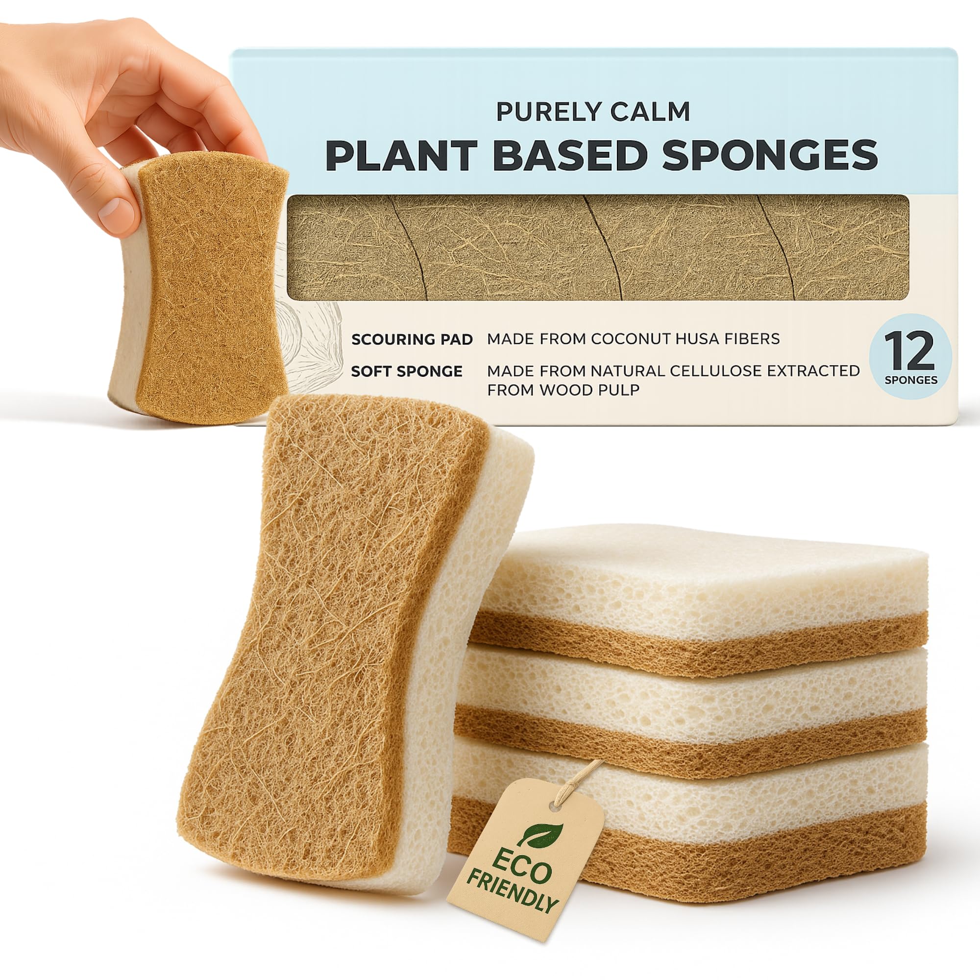 Purely Calm Plant Based Natural Sponge - Pack of 12 Cellulose Sponges, Safe on Non-Stick Cookware, Dual Sided Dish Sponge for Washing Dishes, Kitchen and Household