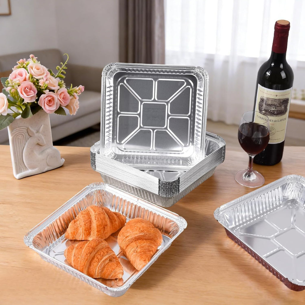 Aluminum Pans | 50 Pack Disposable 8x8 Inch Foil Baking Trays - Ideal for Cooking & Food Storage