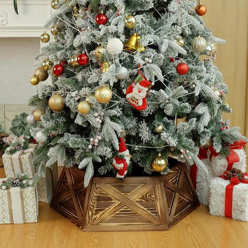 Yoochee Wooden Christmas Tree Collar, 36'' Extra Large Hexagon Brown Christmas Tree Base Cover Decor for Artificial Tree,Rustic Farmhouse Tree Skirt Alternative for 7.5ft 9ft Trees