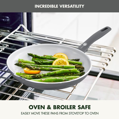 GreenPan Dover 8” 10” and 12” 3 Piece Frying Pan Skillet Set, Non-Toxic PFAS-Free Ceramic Nonstick Coating, Sear Saute Fry Egg Omlete, Dishwasher & Oven Safe, Stay Cool Handle, Easy Pour Rims, Gray
