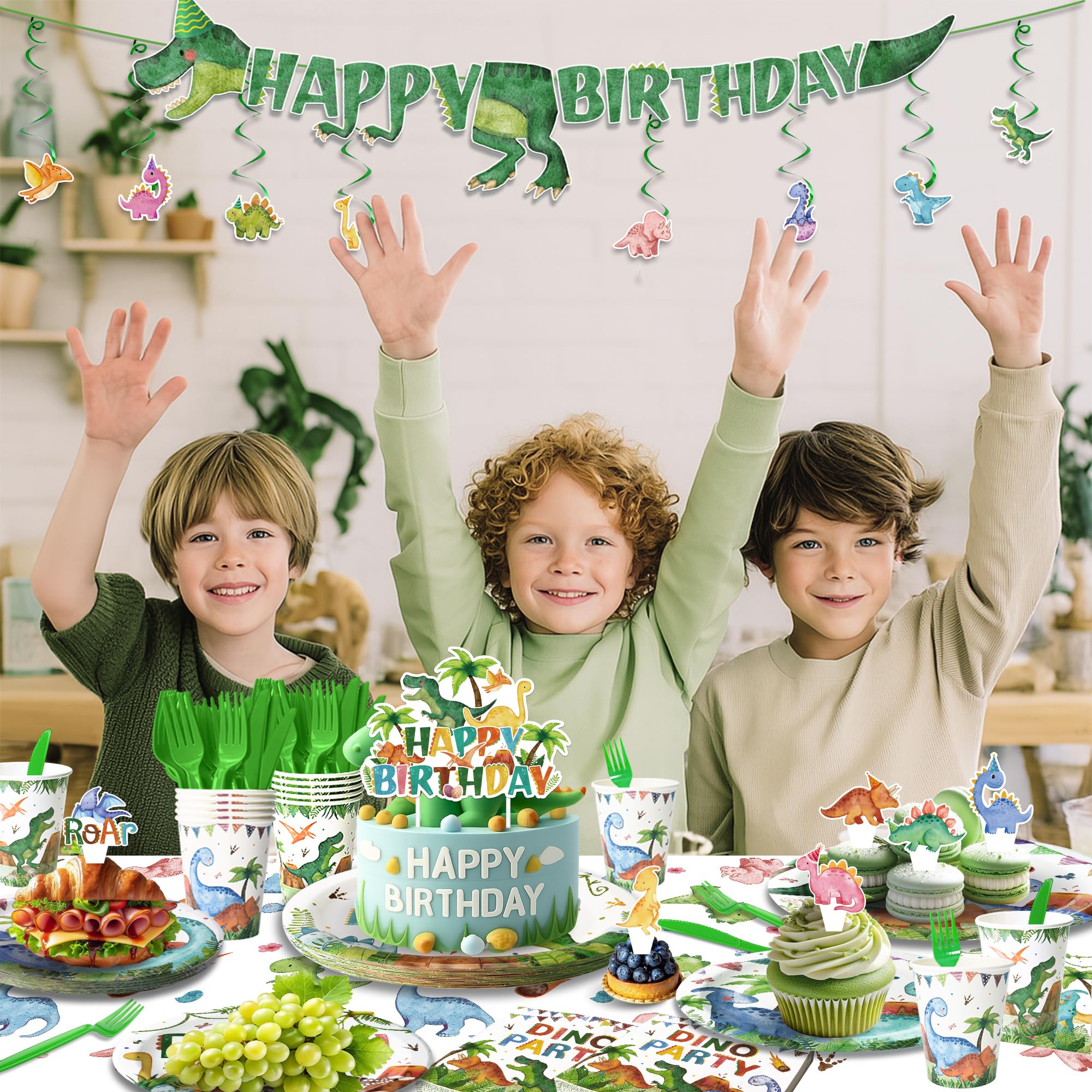 189 Pcs Dinosaur Birthday Party Supplies Set - Serves 24, Dino Decorations Kit with Banner, Balloons, Swirls, Cake Toppers, Tableware & Tablecloth