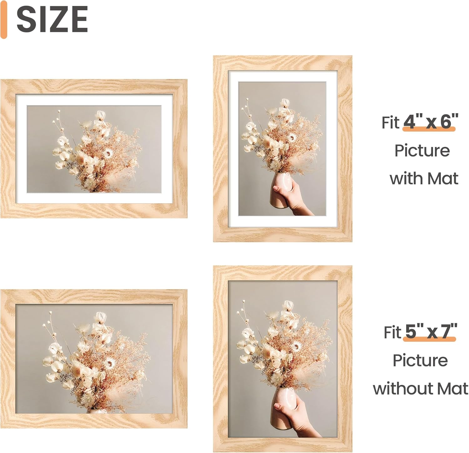 Upsimples 5x7 Picture Frame - Versatile Display for 4x6 Photos with Mat or 5x7 Without - Natural Finish