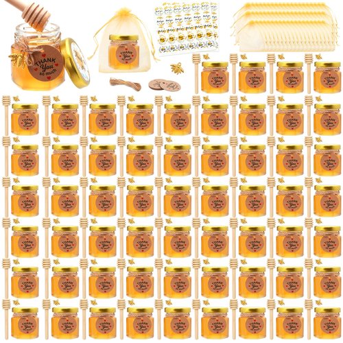 XING-RUIYANG 1.5 oz Mini Honey Jars，60 pack baby shower favors,There's honey sticks, bee pendants, stickers and gold goodie bags，Suitable for wedding party gifts
