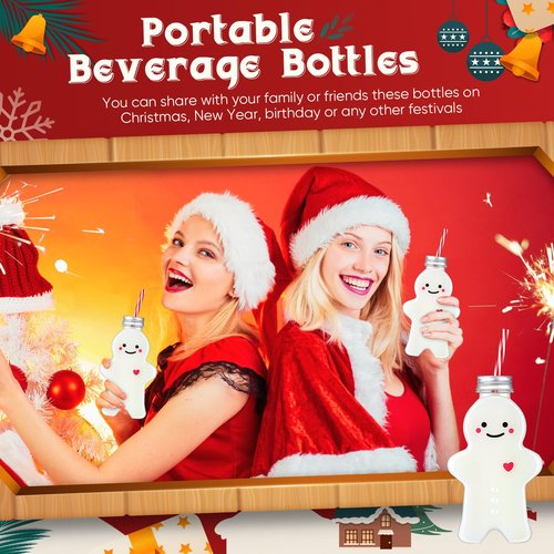 Sliner Christmas Bottles with Straws Including 20 Pcs Empty Plastic Drink Bottle & 20 Pcs Straws & Caps for Christmas Party Juice Milk Cup Drink Water Containers(20 Set,Gingerbread Man)
