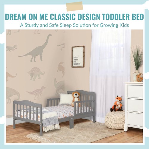 Dream On Me Classic Design Toddler Bed In Steel Grey, Greenguard Gold And BSA Certified, Low To Floor Design, Two Side Safety rails, Non-Toxic Finishes, Wooden Nursery Furniture