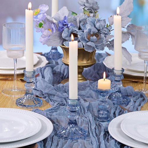 DARJEN 12PCS Blue Candlestick Holders Set - 4" Tall Glass Taper Candle Holders for Weddings & Home Decor