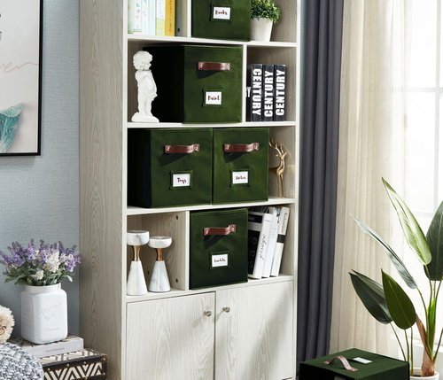 DECOMOMO Storage Cubes - 13x13x13 Fabric Organizer Bins with Labels | Set of 6 in Olive Green