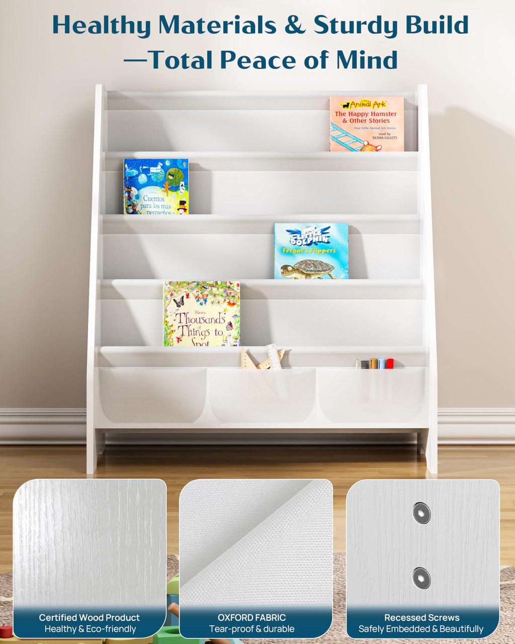 SEIRIONE Sturdy Kids Bookshelf,4-Tier Book Shelf for Kids Room with Tear-Proof Oxford Fabric-Nursery Room Playroom Classroom,Deep Slings to Keep Books Upright,Ideal Height for Toddler Age 3+, White