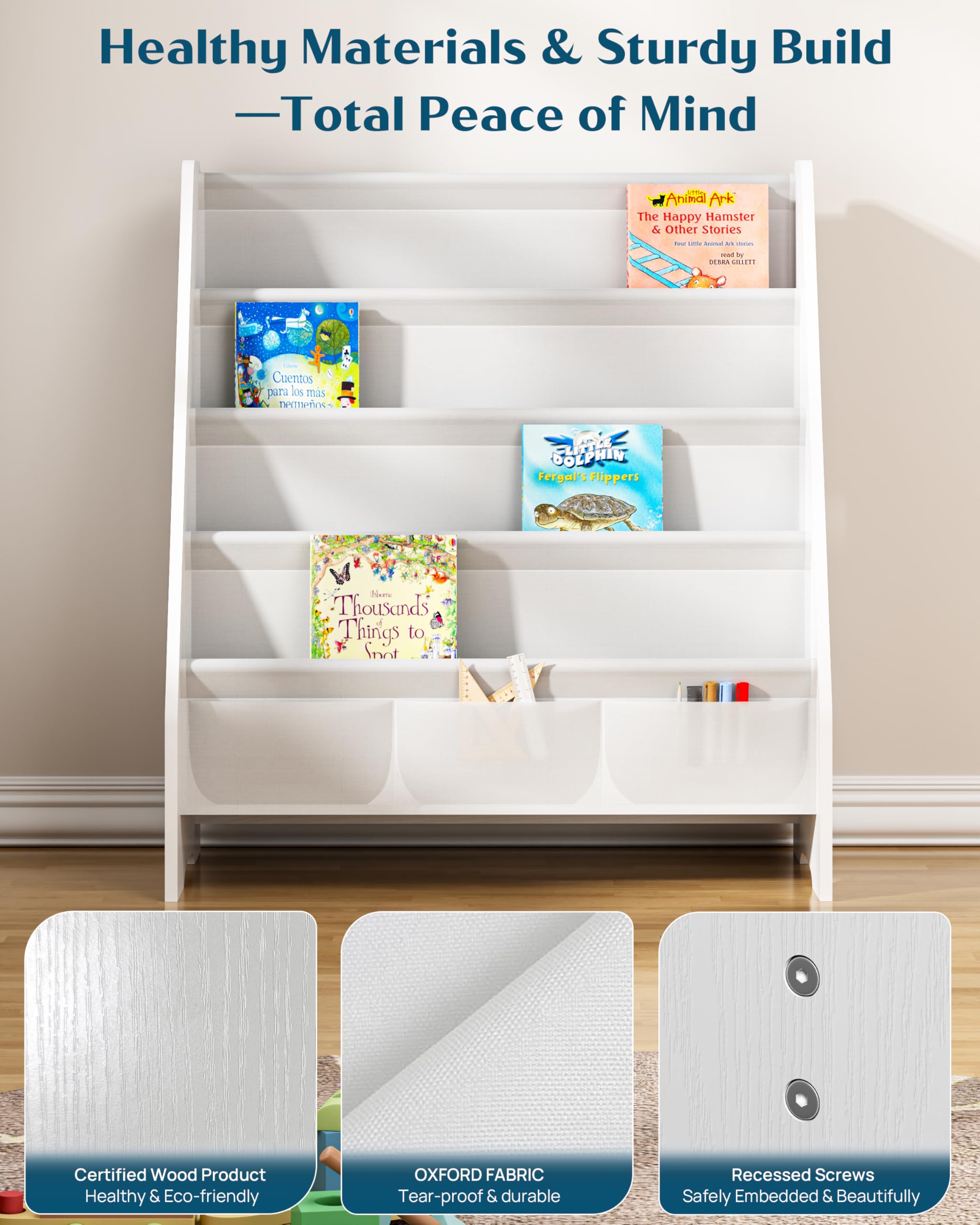 SEIRIONE Sturdy Kids Bookshelf,4-Tier Book Shelf for Kids Room with Tear-Proof Oxford Fabric-Nursery Room Playroom Classroom,Deep Slings to Keep Books Upright,Ideal Height for Toddler Age 3+, White