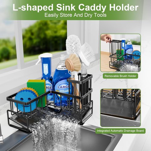 Fikoksol Kitchen Sink Sponge Holder - 90-Degree Caddy Organizer with Dish Brush Storage | Metal L-Shaped Design