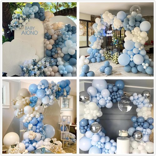 412Pcs Dusty Blue White Sand Balloon Arch Garland Kit,18 12 10 5 Inch Slate Fog Baby Blue Macaron Blue Sand White for Birthday Baby Shower Wedding Bridal Gender Reveal Decorations