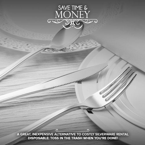 700 Piece Silver Dinnerware Set: 200 Silver-Rim Plastic Plates, 100 Silver Silverware, 100 Plastic Cups, 100 Cloth-Like Napkins, Bulk Wedding Plates Disposable Set 100 Guests
