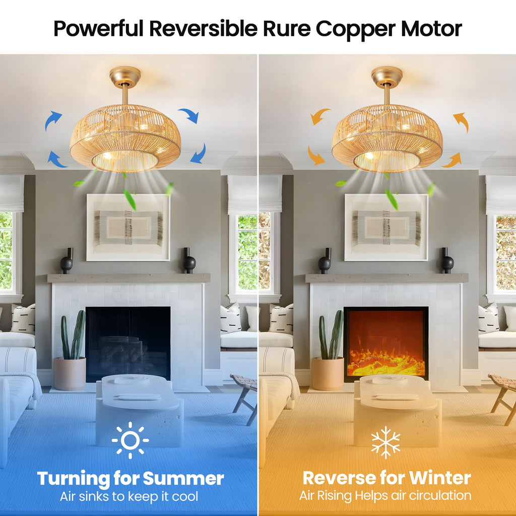 mnikopE 20" Boho Rattan Ceiling Fan with Lights, Flush Mount Caged Ceiling Fan 6 Speed, Timing, Reversible Blades Enclosed Farmhouse Fan Lights for Bedroom, Kitchen
