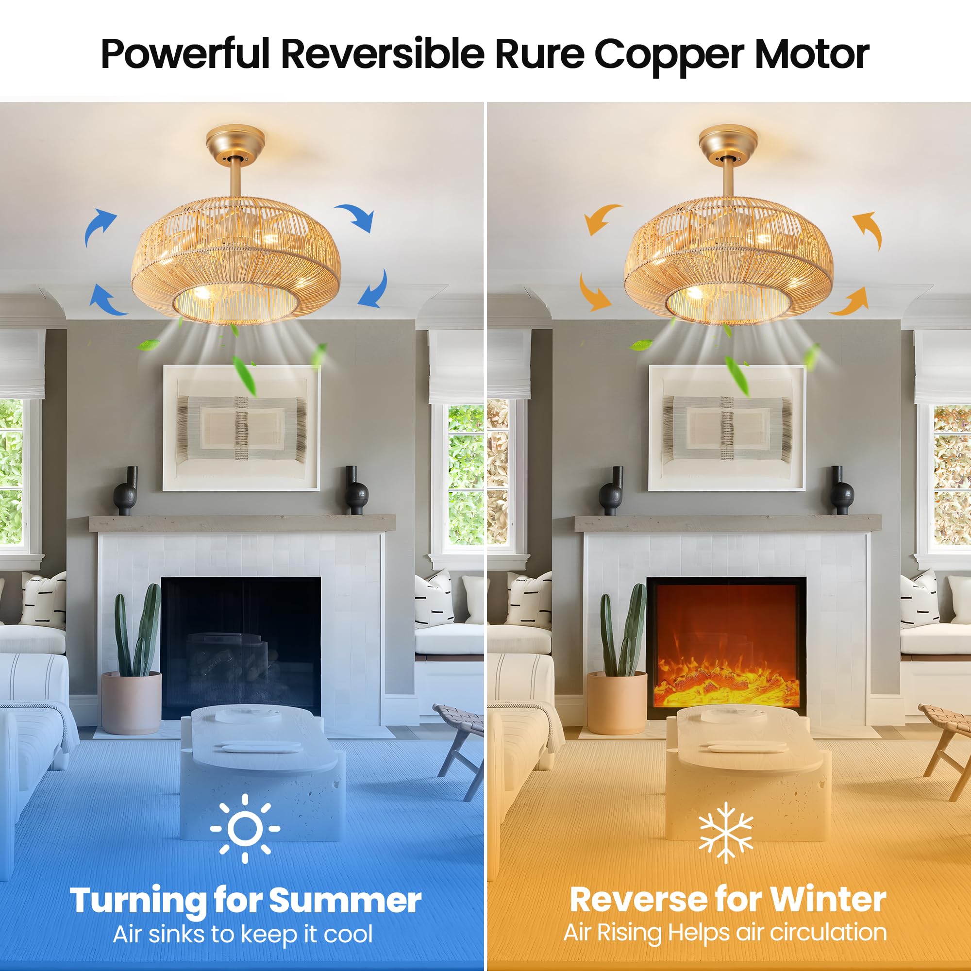 mnikopE 20" Boho Rattan Ceiling Fan with Lights, Flush Mount Caged Ceiling Fan 6 Speed, Timing, Reversible Blades Enclosed Farmhouse Fan Lights for Bedroom, Kitchen