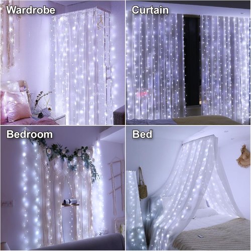 HXWEIYE 300LED Fairy Curtain Lights - 9.8x9.8Ft USB Plug-In with Remote | 8 Modes for Wedding & Bedroom Decor, White