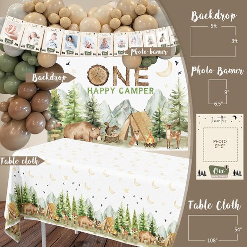 One Happy Camper Birthday Decorations, Camping 1st Birthday Party Supplies with Balloon Arch Balloon Box Backdrop High Chair Banner Crown Cake Topper Table Cloth