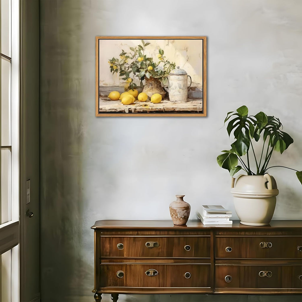 Vintage Kitchen Wall Art by Floating Framed | Yellow Lemon Still Life Canvas Print 12x16 Inch