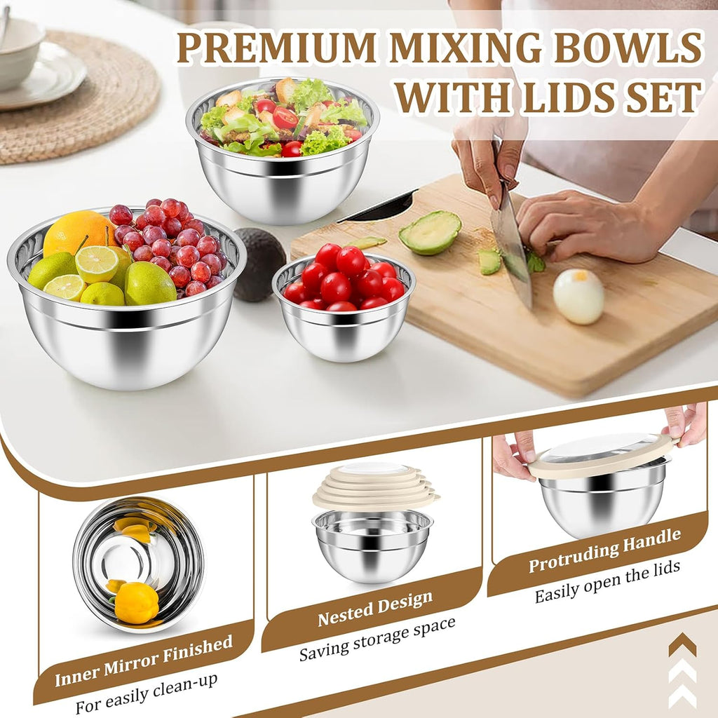P&P CHEF Mixing Bowls Set of 5 - Stainless Steel Airtight Lids for Kitchen Prep & Storage | Khaki, 0.7-4.6 QT