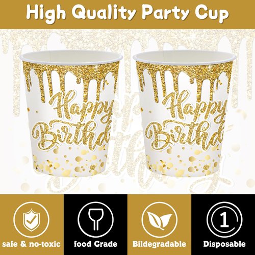 140Pcs Golden Happy Birthday Party Decorations White Gold Paper Plates Napkins Cups Tableware Set Women Men Birthday Themed Party Decor for 20 Guests