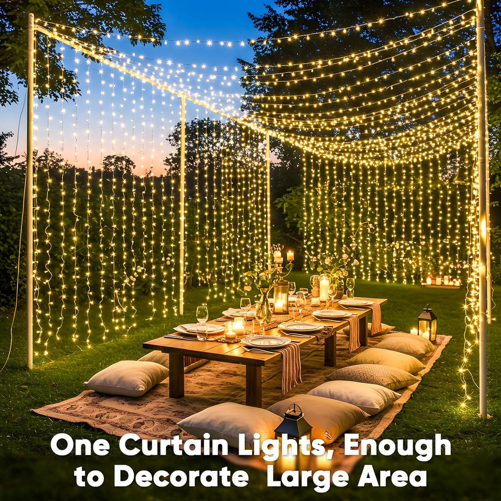 Suddus 600 LED Christmas Curtain Lights - 9.8x19.6ft Outdoor Wall Hanging Lights with Remote | Warm White Decor for Weddings, Parties, and Holidays
