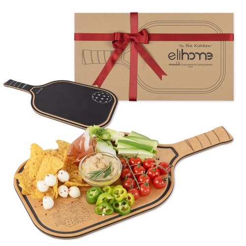 Elihome Pickleball Charcuterie & Cutting Board, Pickleball Gifts for Women Men, Wood Fiber 16 x 8.5, Paddle Shape with Handle, Dishwasher Safe, Reversible Design, Juice Groove "Just One More Game"