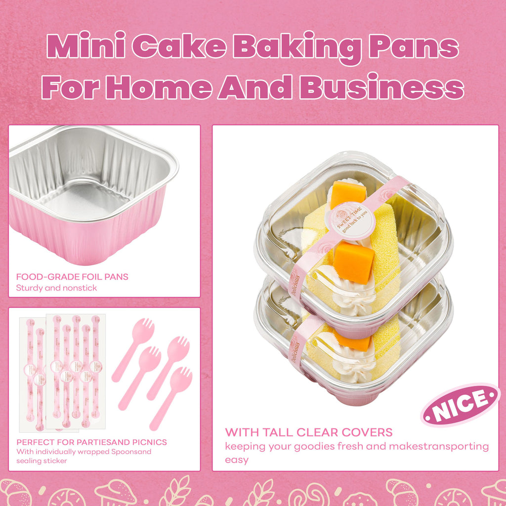 NPLUX 60 Pack Mini Cake Pans with Lids Mini Aluminum Pans, Disposable Loaf Pans Cupcake Liners with Lids for Pudding, Souffle, Party, Wedding, Mothers Day Party Favors(Pink, 5 oz)