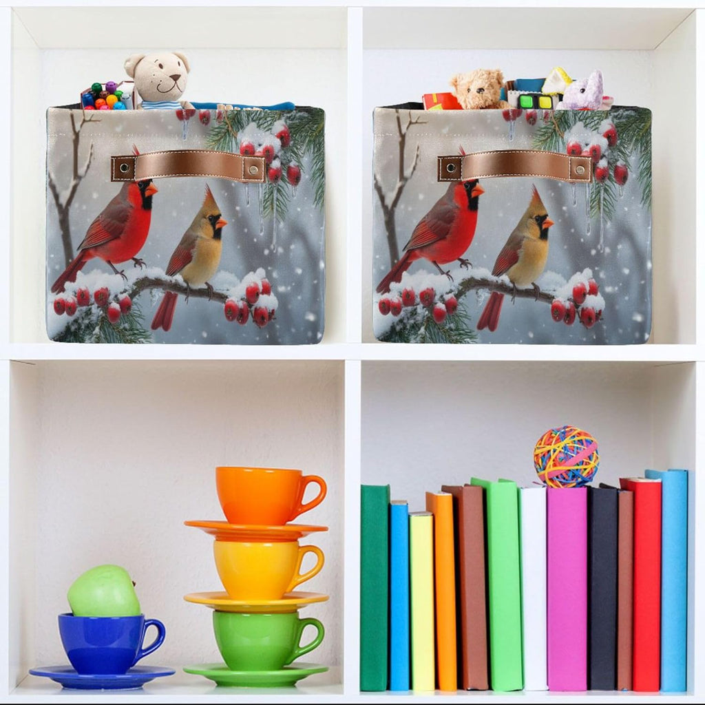 Winter Cardinal Birds Fabric Laundry Basket - Christmas Storage Organizer for Toys, Books & More | 16x12x8