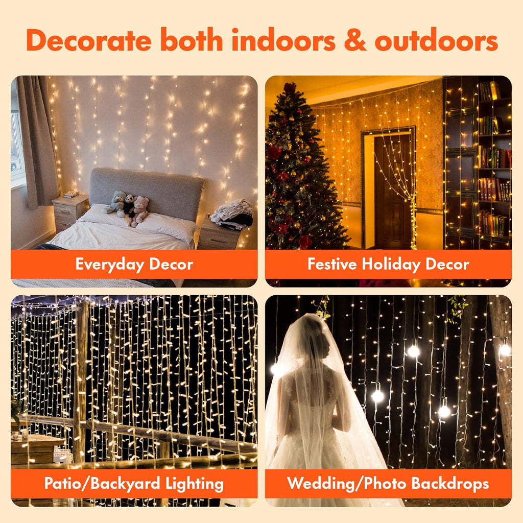 Twinkle Star 300 LED Curtain String Lights - 8 Modes Fairy Lights for Indoor/Outdoor Decor | Warm White