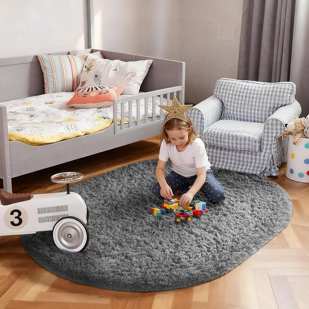 Ophanie Oval Rug 3x5 - Non-Slip Grey Area Rug for Bedroom & Dorm Decor | Fluffy & Aesthetic